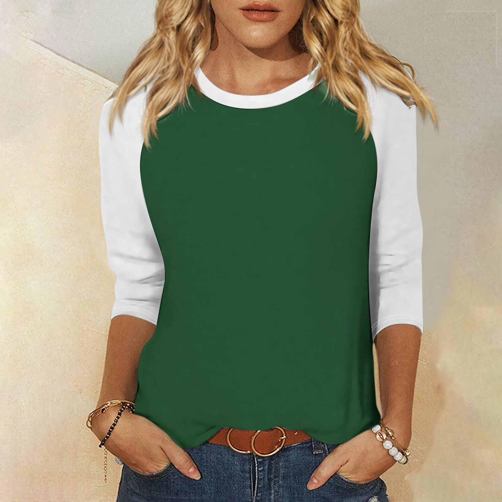 thumbnail image 2 of Camiseta raglán de manga 3/4 para mujer: cuello redondo, estampado informal, versátil para todas las estaciones (S-XXL), 2 of 5